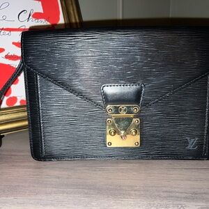 SOLD** Louis Vuitton Vintage Black Epi Leather Clutch with Gold S Lock Hardware